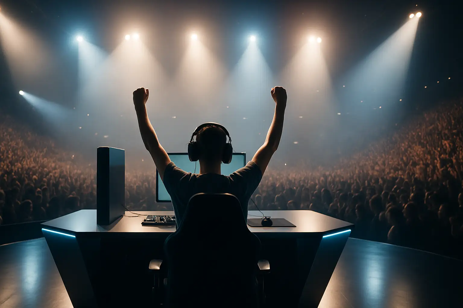 A competitive gaming player celebrating a championship win at a large esports tournament arena