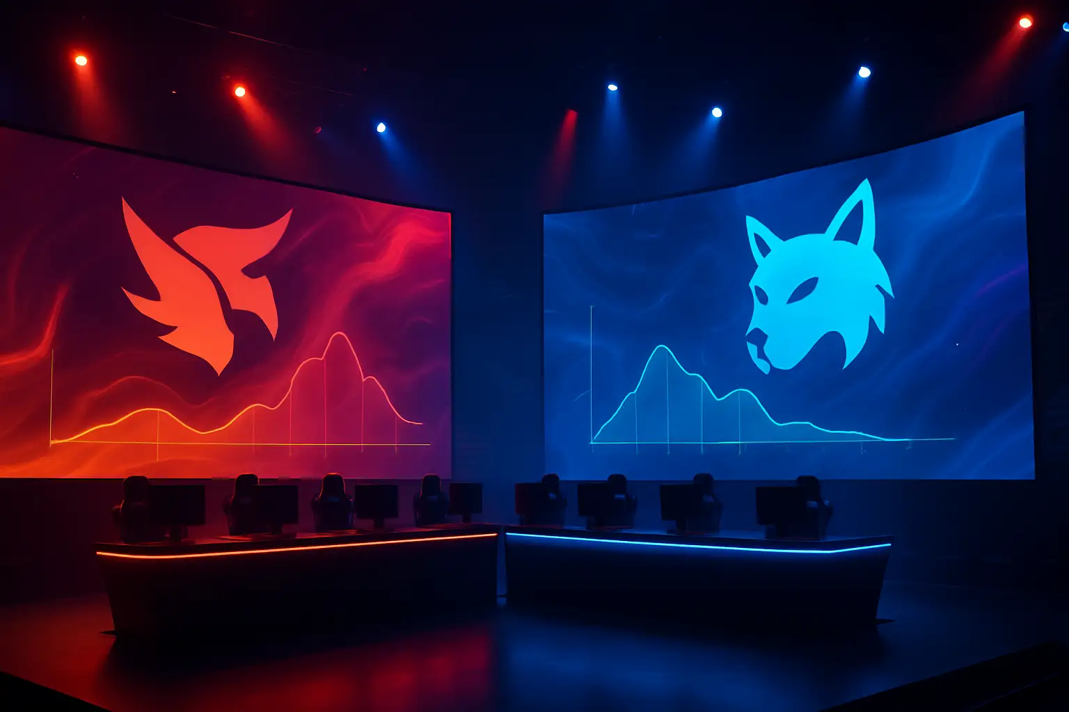 Esports arena with glowing screens showing team logos and live match odds