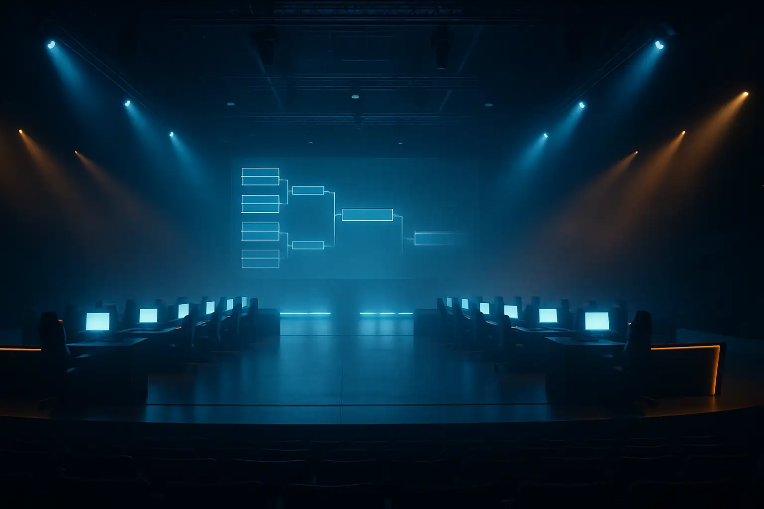 A darkened esports arena stage with team jersey silhouettes and tournament bracket screens in the background