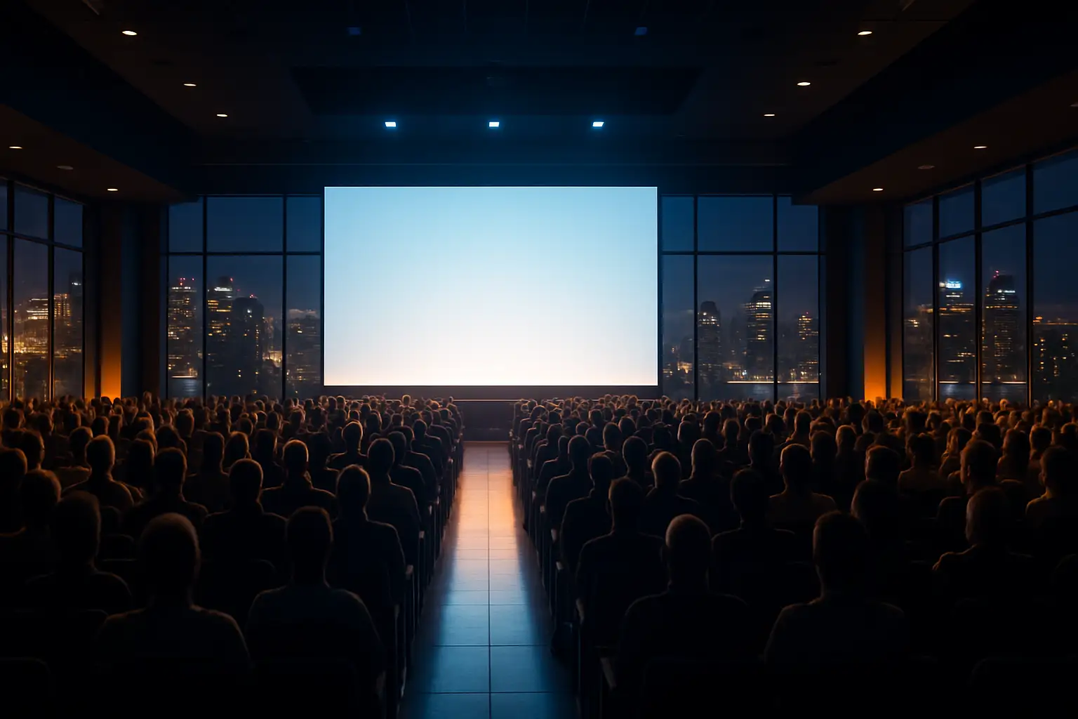 A large esports conference hall with stadium seating and a glowing main stage screen