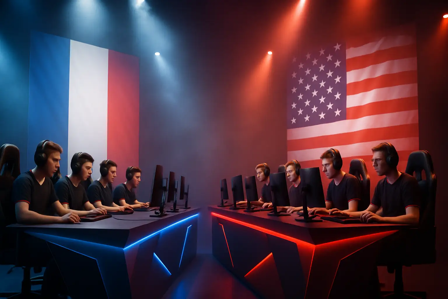 Two esports players representing their national teams competing on stage at an international tournament