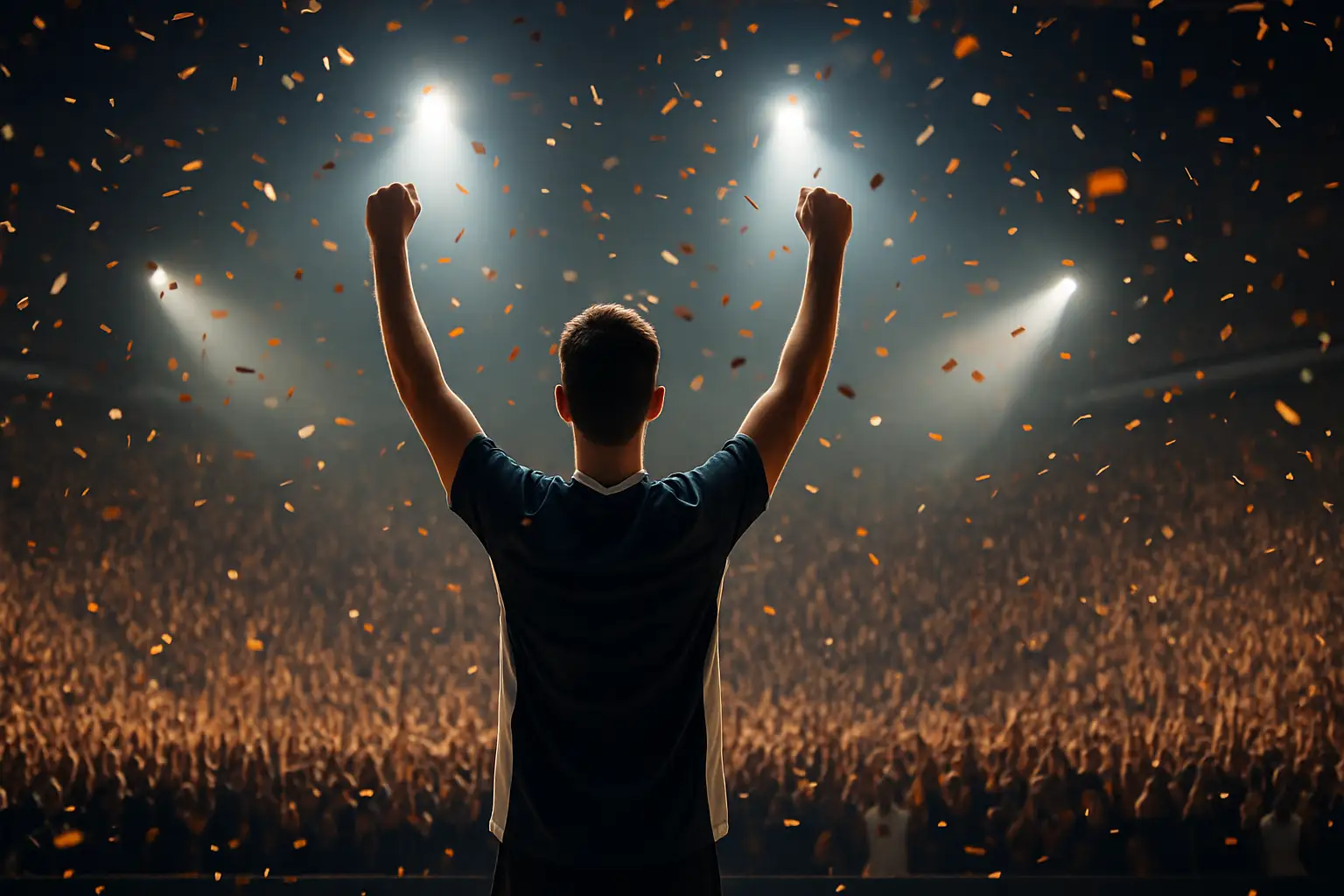 A CS esports player raises a trophy on a large illuminated stage in front of a roaring crowd