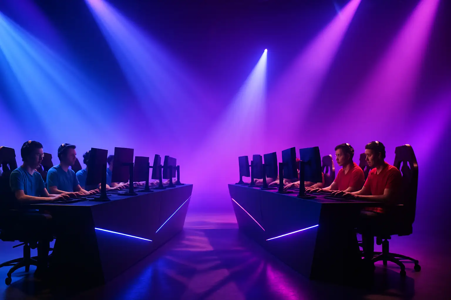 Two esports teams competing on stage under bright lights at a Rainbow Six Siege regional tournament