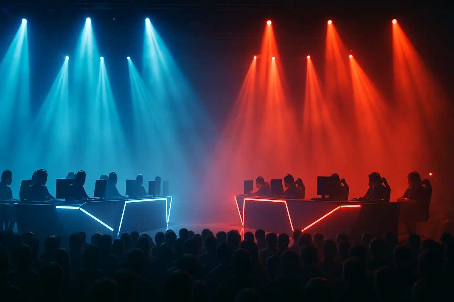 Esports players competing on stage at a large international tournament with dramatic lighting