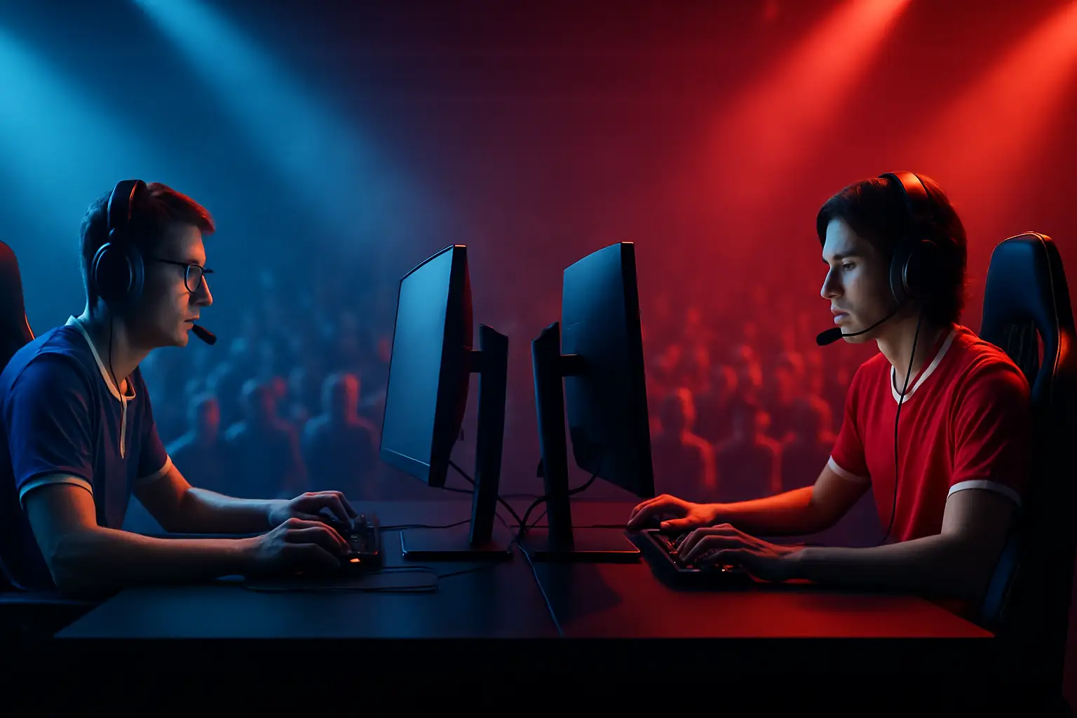 NRG esports team logo on a gaming stadium screen with players seated at computers