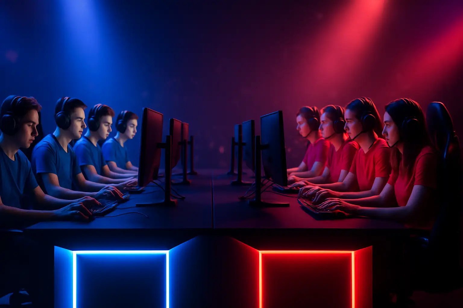 Two esports players focused on their screens in a competitive VALORANT match setting
