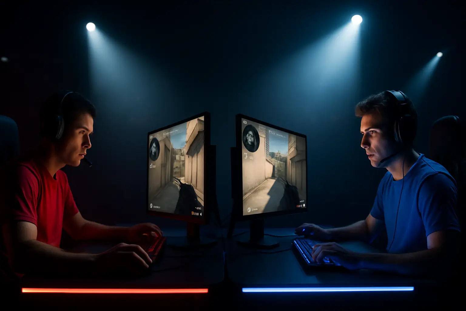 Two esports players in team jerseys focused on monitors during a VALORANT competitive match