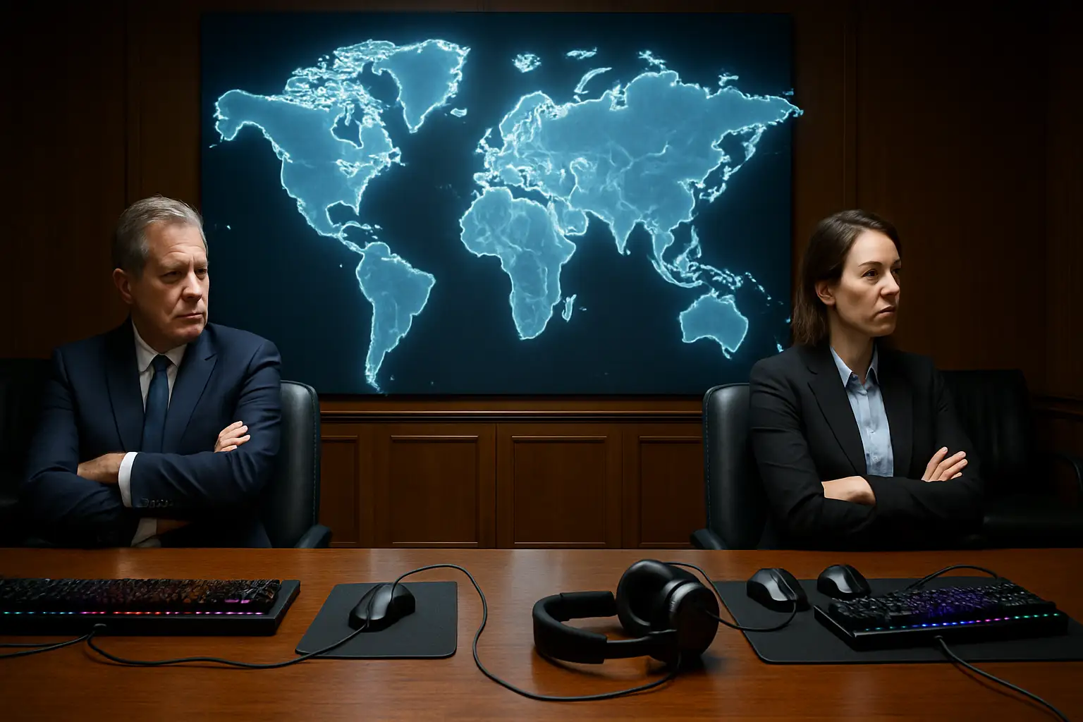 Two officials sitting across a table in a tense meeting, with gaming controllers and a map of Asia in the background