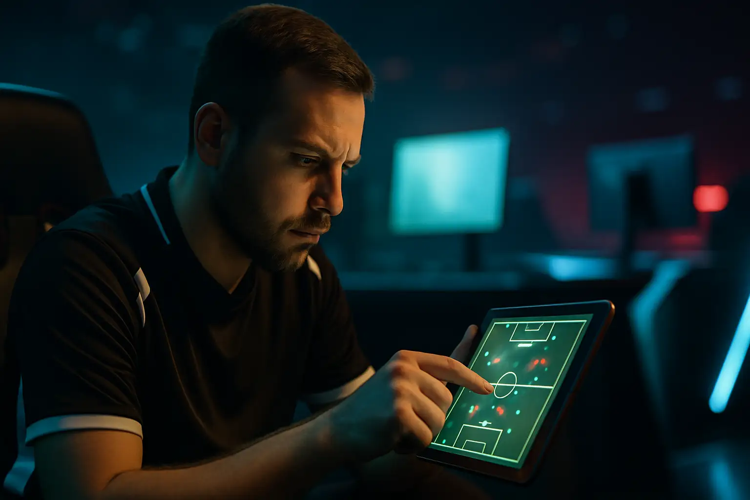 A League of Legends coach reviewing strategy on a tablet in a dark esports arena