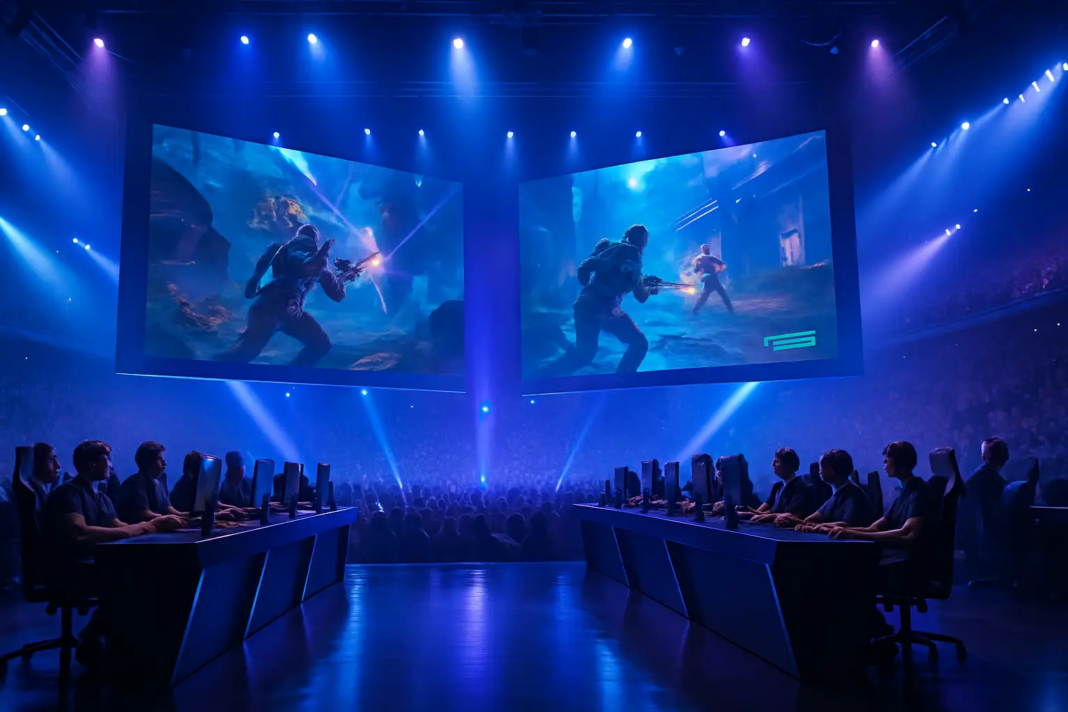 Two Dota 2 teams competing on stage at a major esports tournament under bright arena lighting