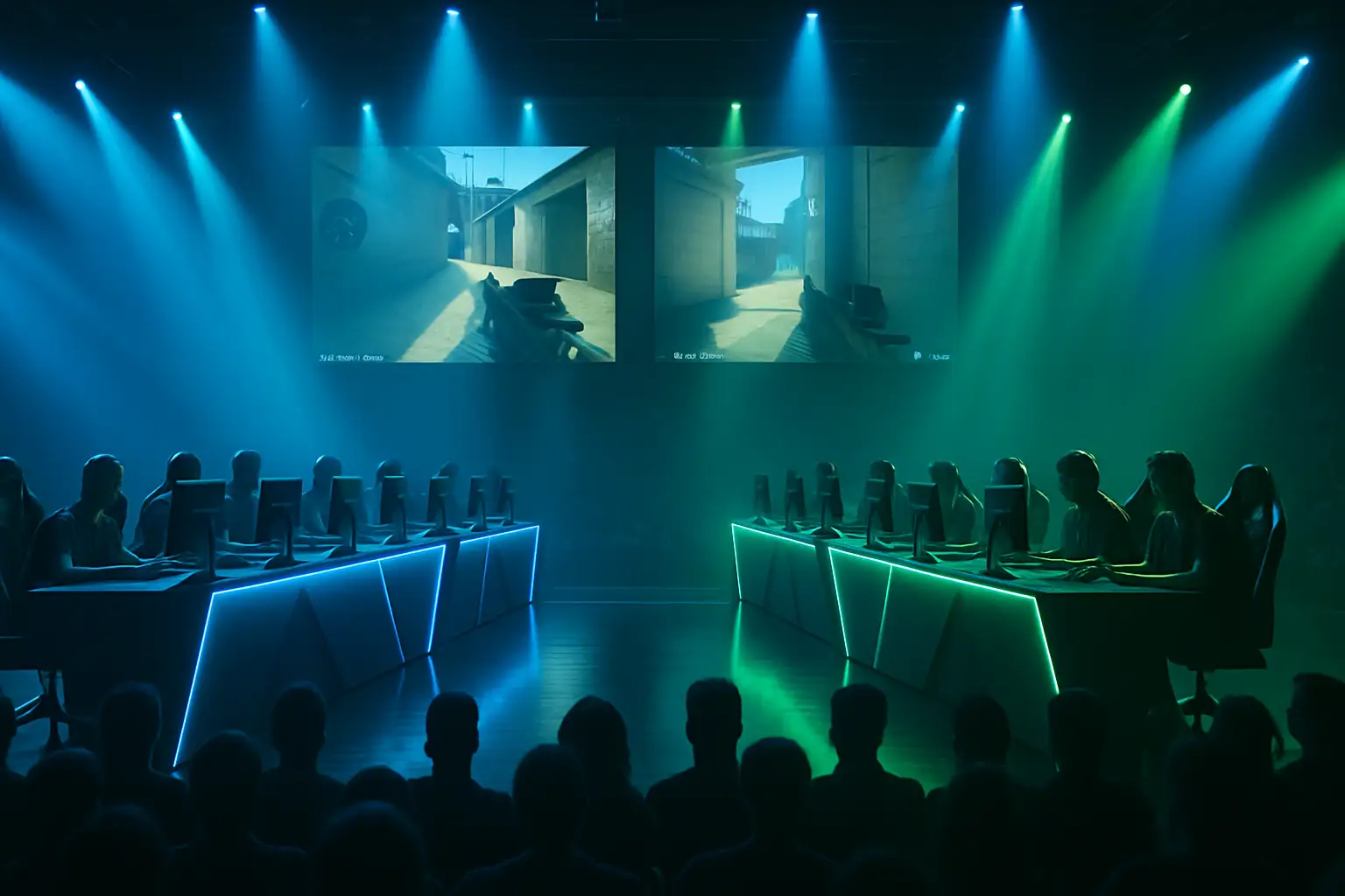 Two esports teams competing on stage at a large Call of Duty tournament under dramatic arena lighting