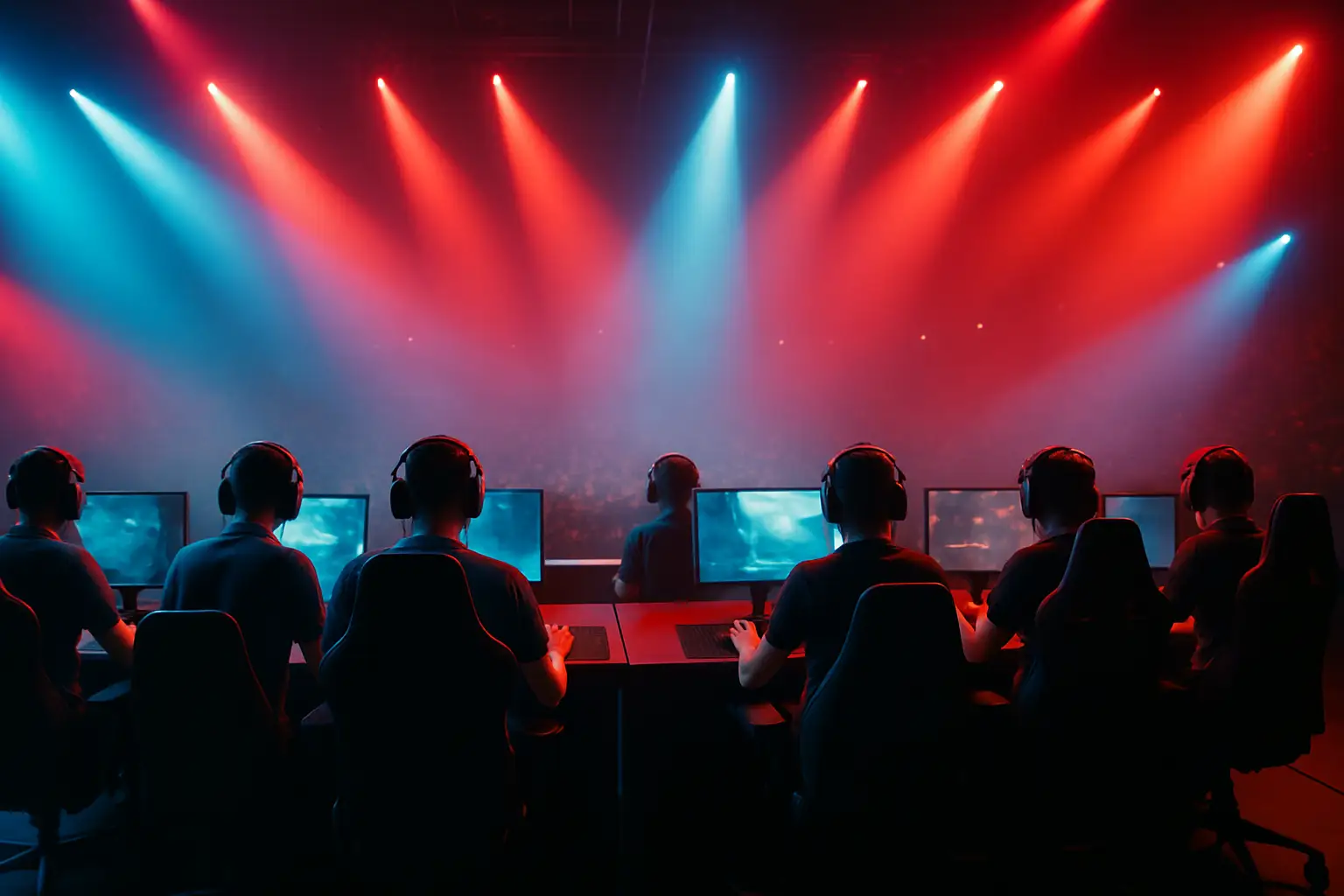 Competitive Call of Duty esports players competing on stage at a major tournament under bright arena lights