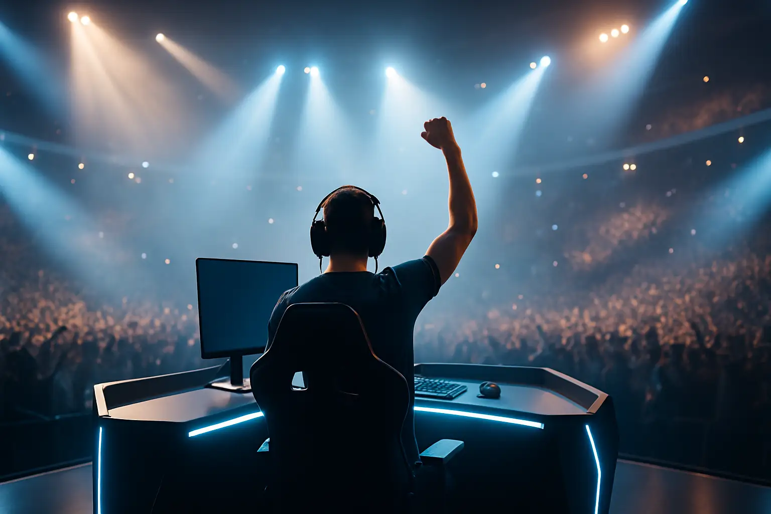 A competitive esports player celebrating a championship victory at a large international gaming tournament