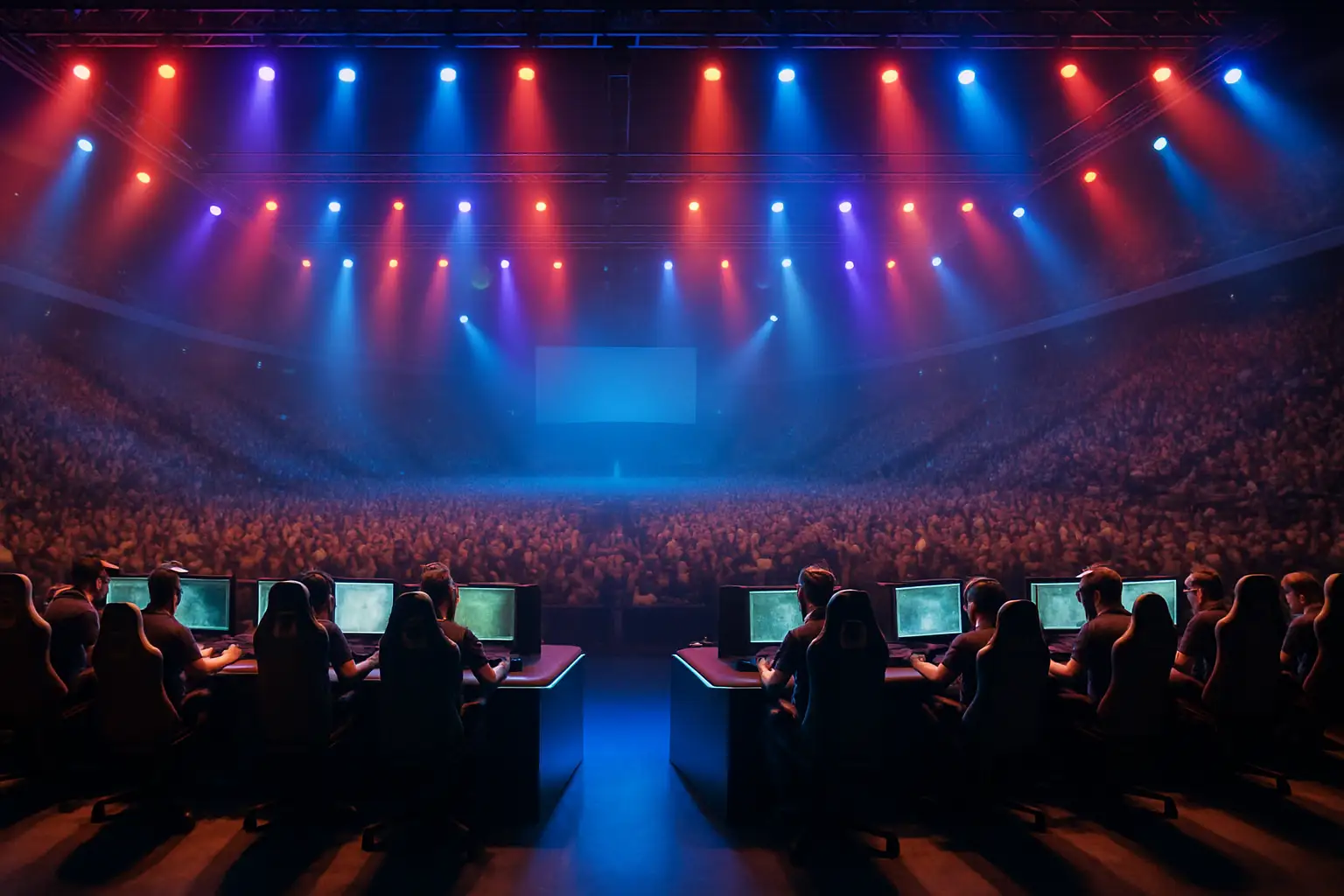 Two esports teams facing off on a large stage under dramatic lighting at an international VALORANT tournament