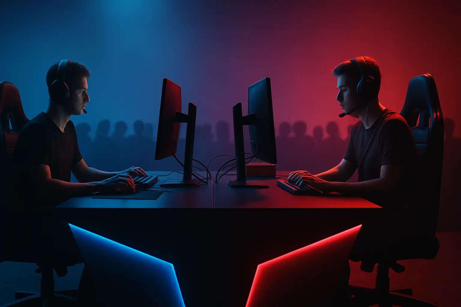 Two esports teams competing at a tournament stage under dramatic lighting