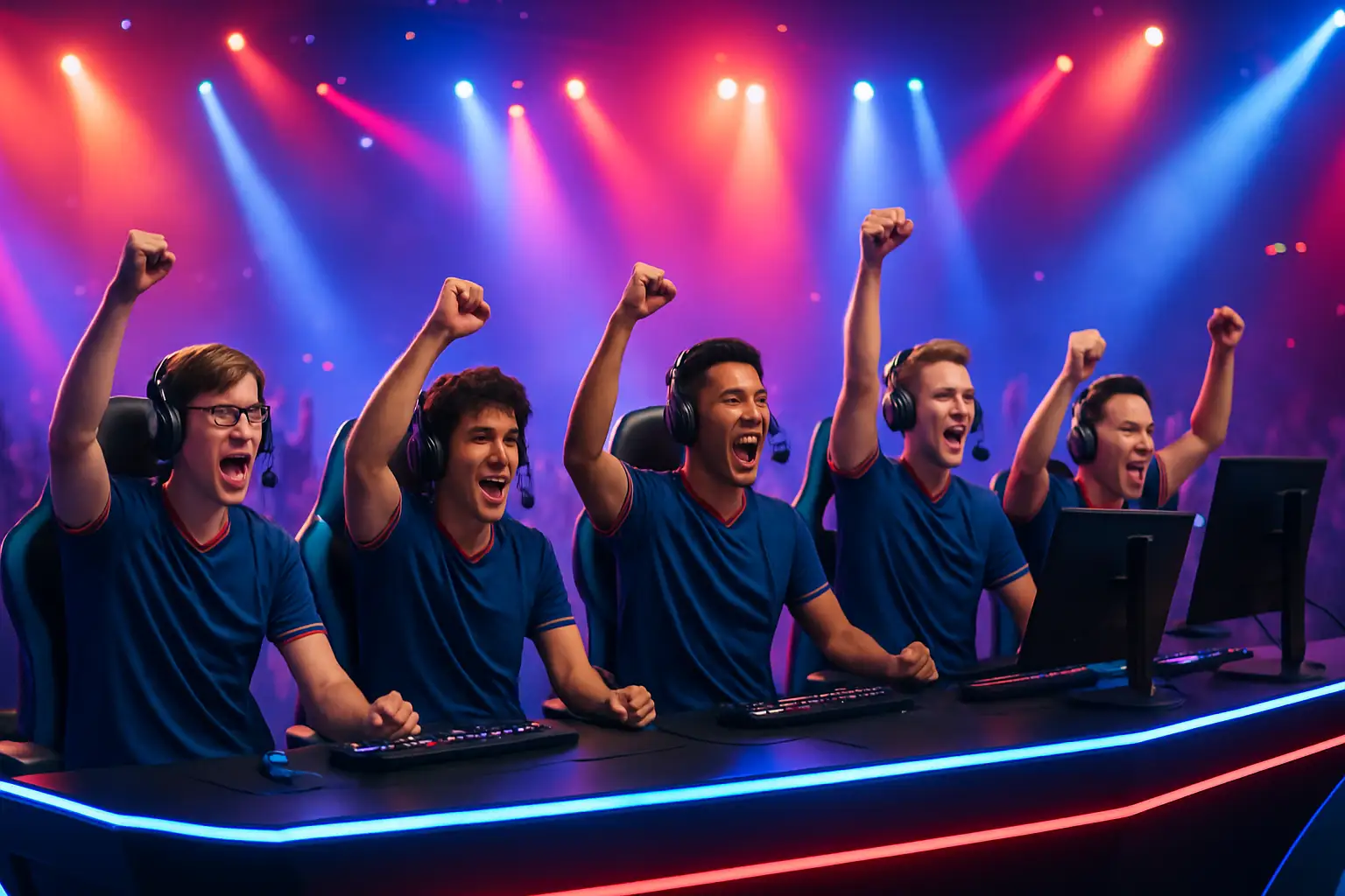 A competitive Dota 2 team celebrating a tournament victory on a large esports stage