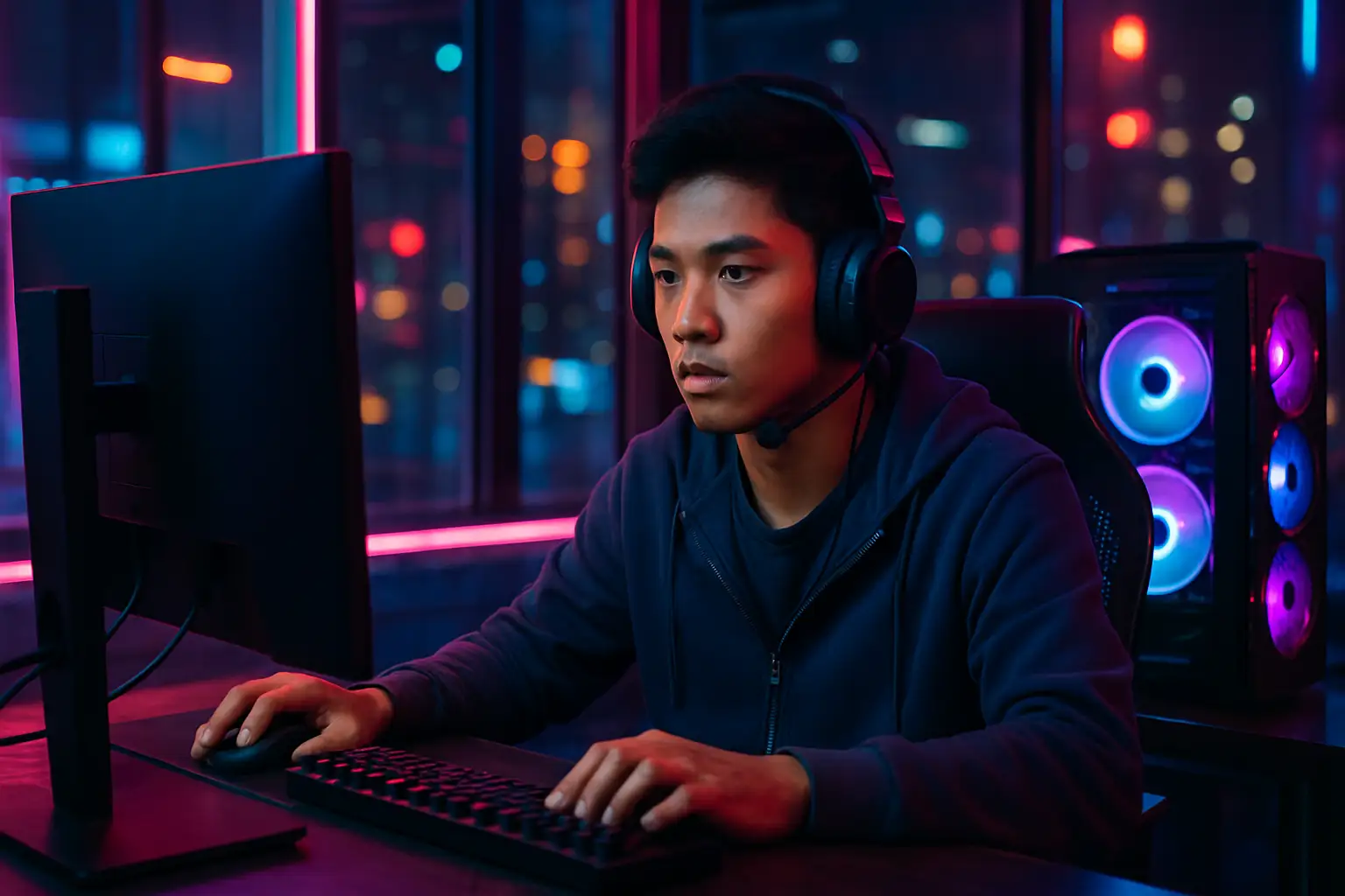 A young Filipino gamer competing at a glowing esports setup in an urban gaming cafe