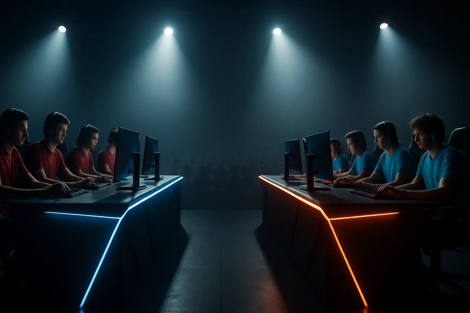 Two eSports teams competing on stage under bright arena lighting