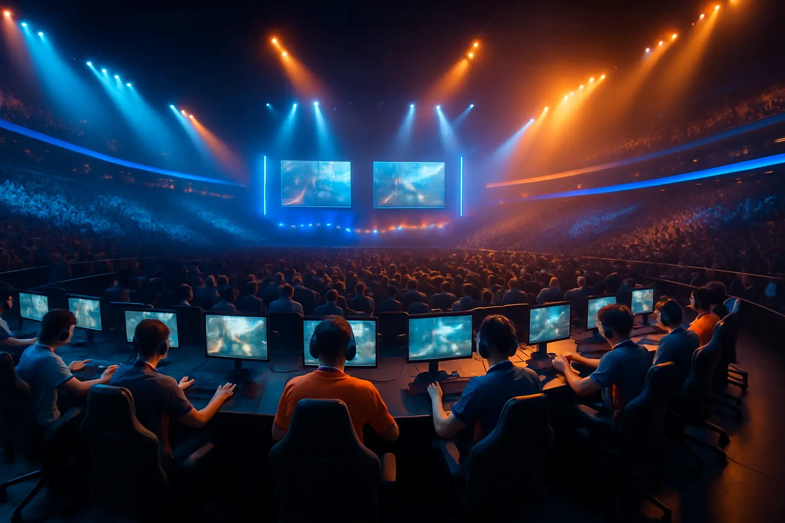 Competitive esports arena with players at glowing gaming stations during a major tournament