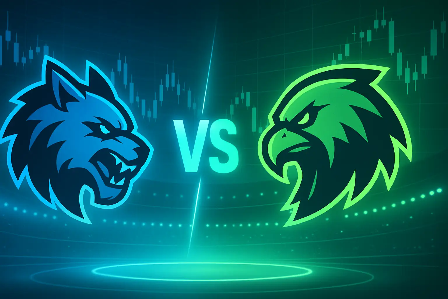 Two esports teams facing off on a digital arena stage with trading charts in the background