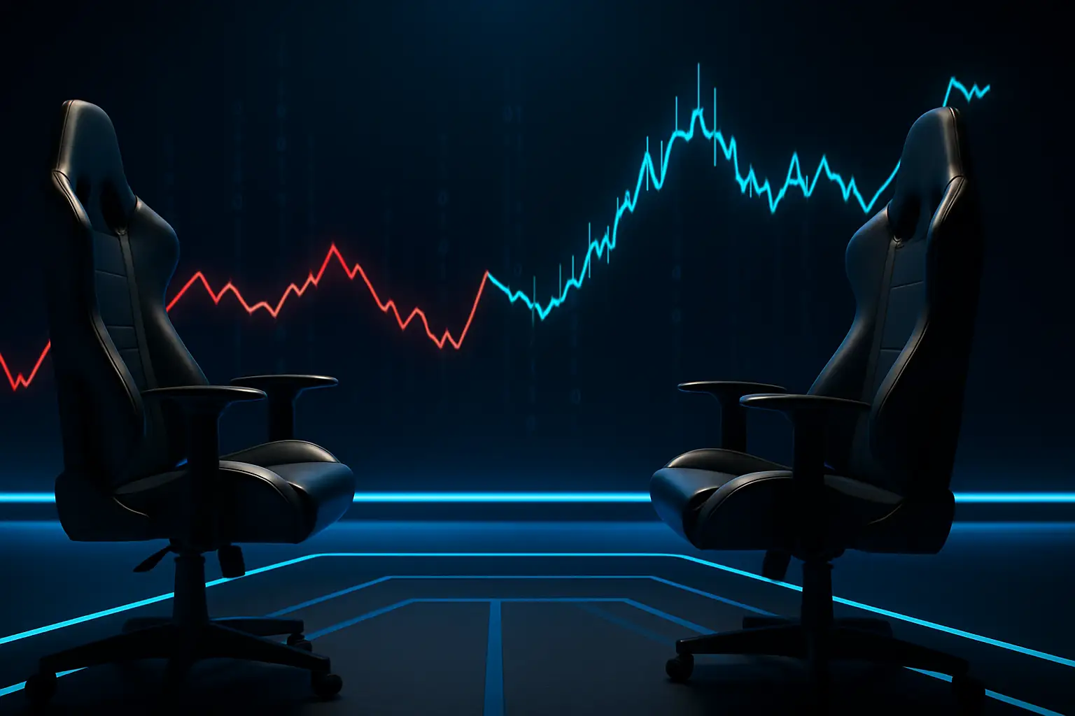 Two esports players facing off across a glowing digital arena with trading chart elements in the background