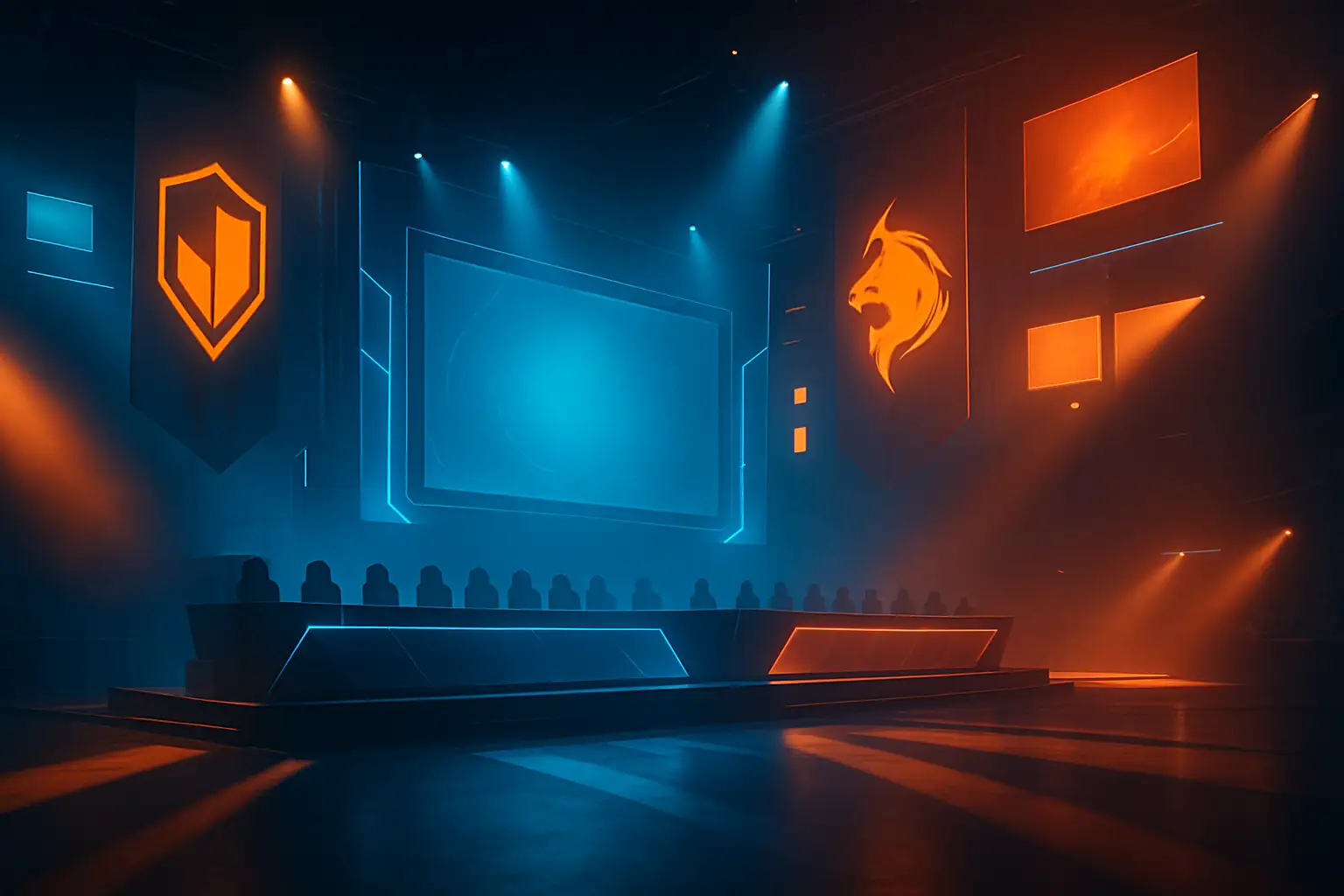 Competitive Rainbow Six Siege players at a tournament stage under dramatic lighting