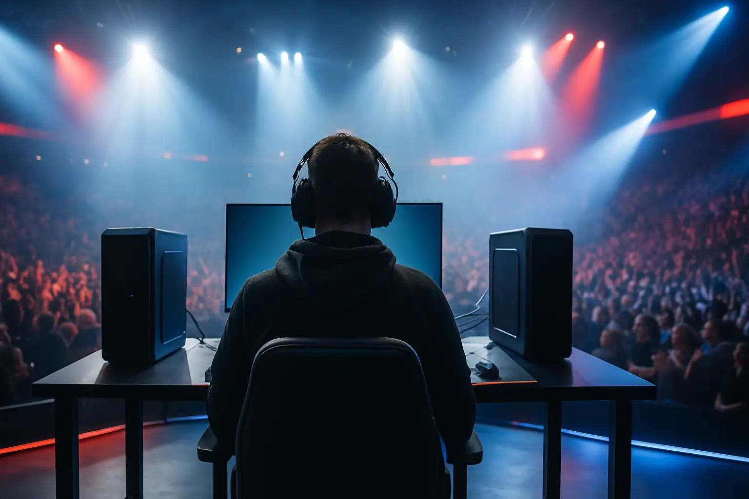 A competitive Rainbow Six Siege player celebrated by teammates on a tournament stage with crowd in background