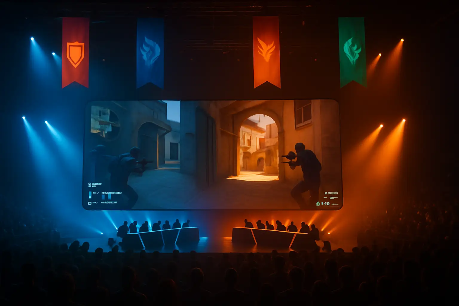 Rainbow Six Siege esports arena with South American team colors on display screens