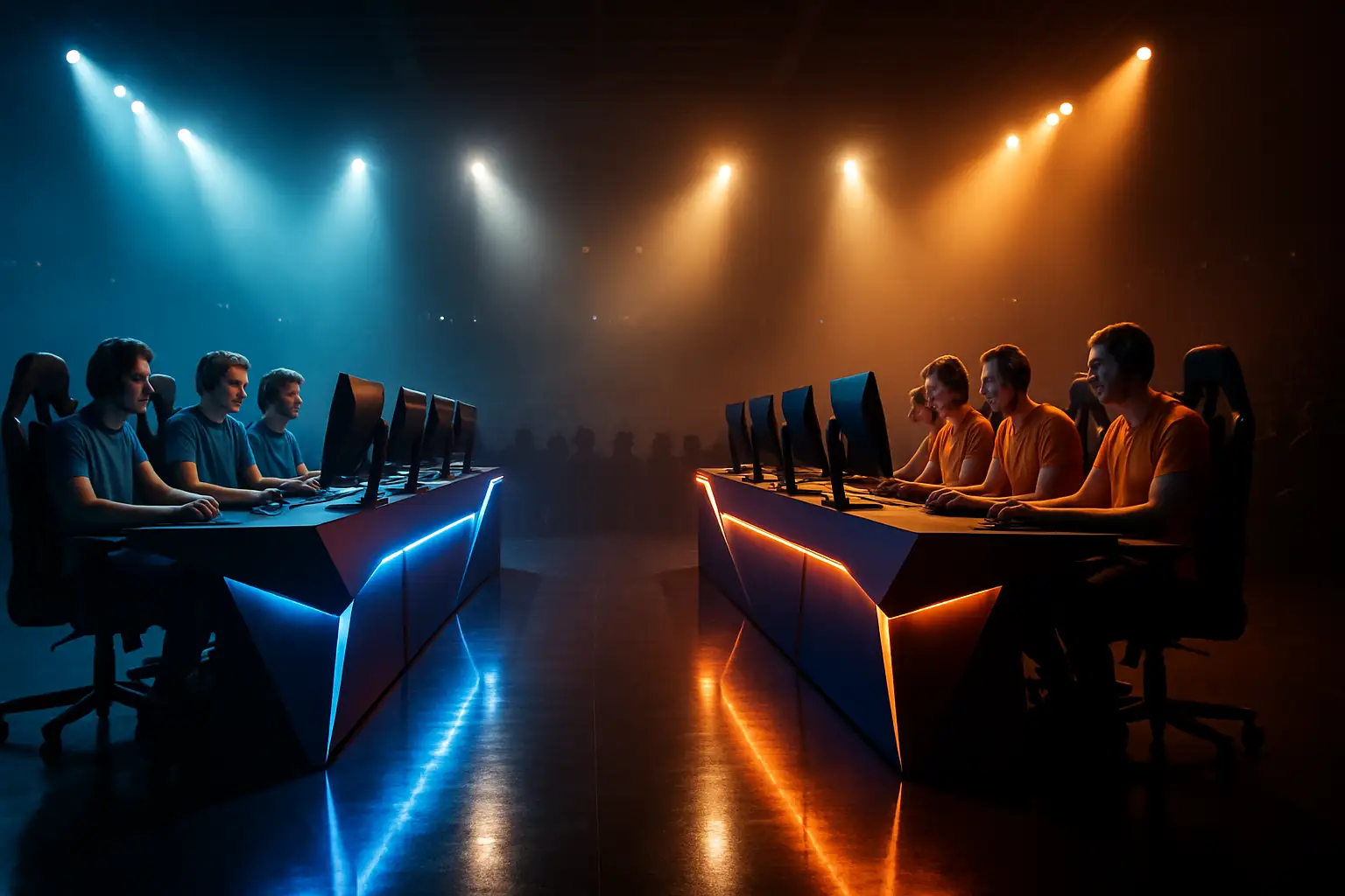 Two Rainbow Six Siege teams facing off on a competitive stage under arena lighting