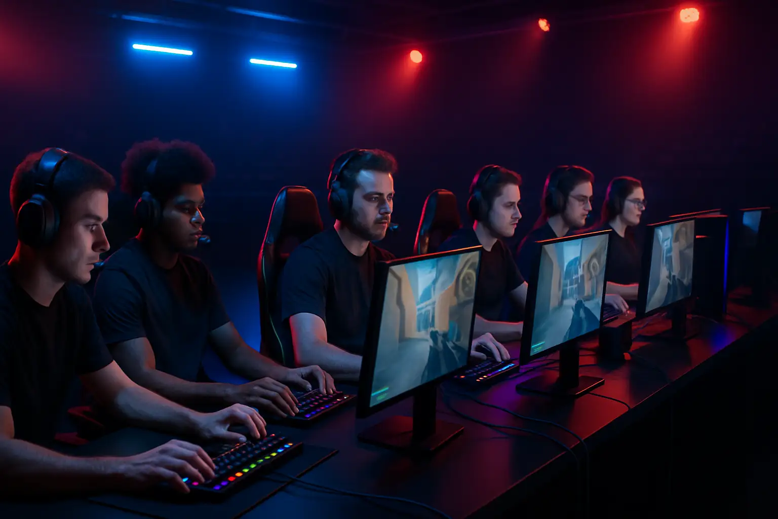 VALORANT esports players gathered around a monitor during a competitive match preparation session