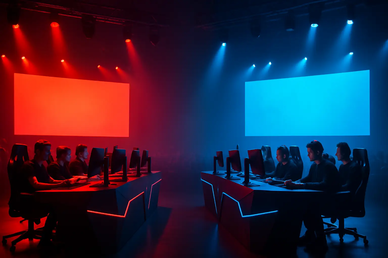 Two League of Legends teams facing off on a competitive stage under bright arena lighting