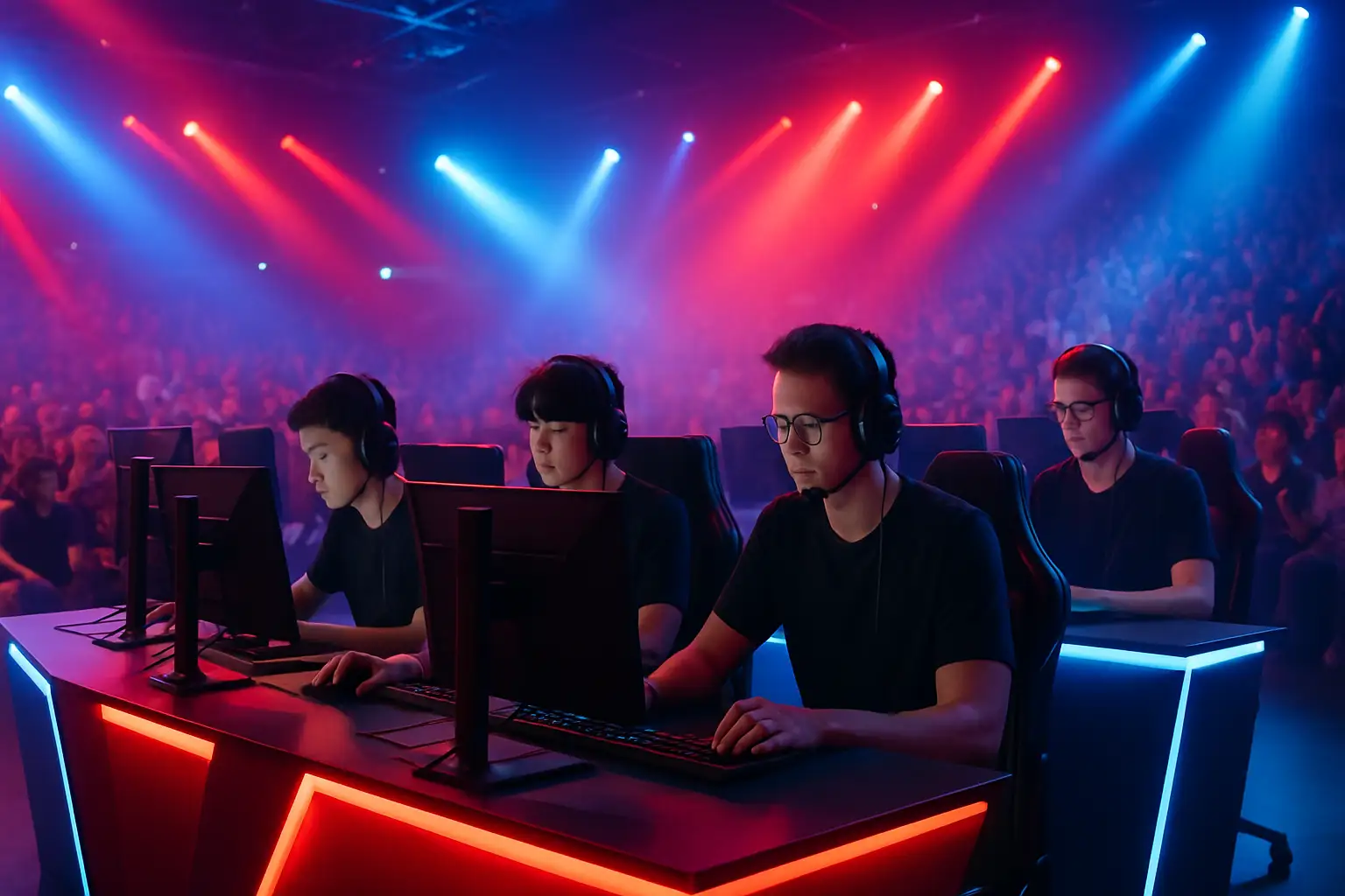 Japanese esports team competing on stage under colorful LED lighting