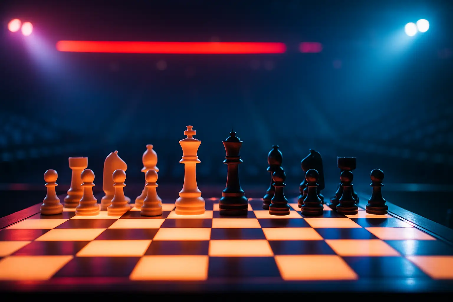 A chess board with dramatic lighting set against a dark esports-style arena background