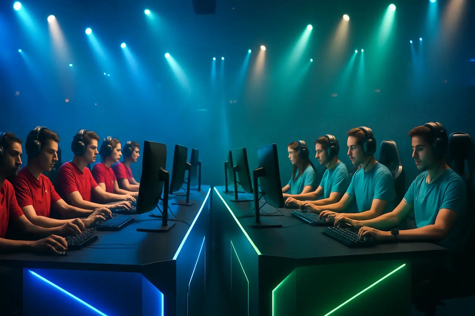 Two League of Legends teams competing on stage at a Brazilian esports event