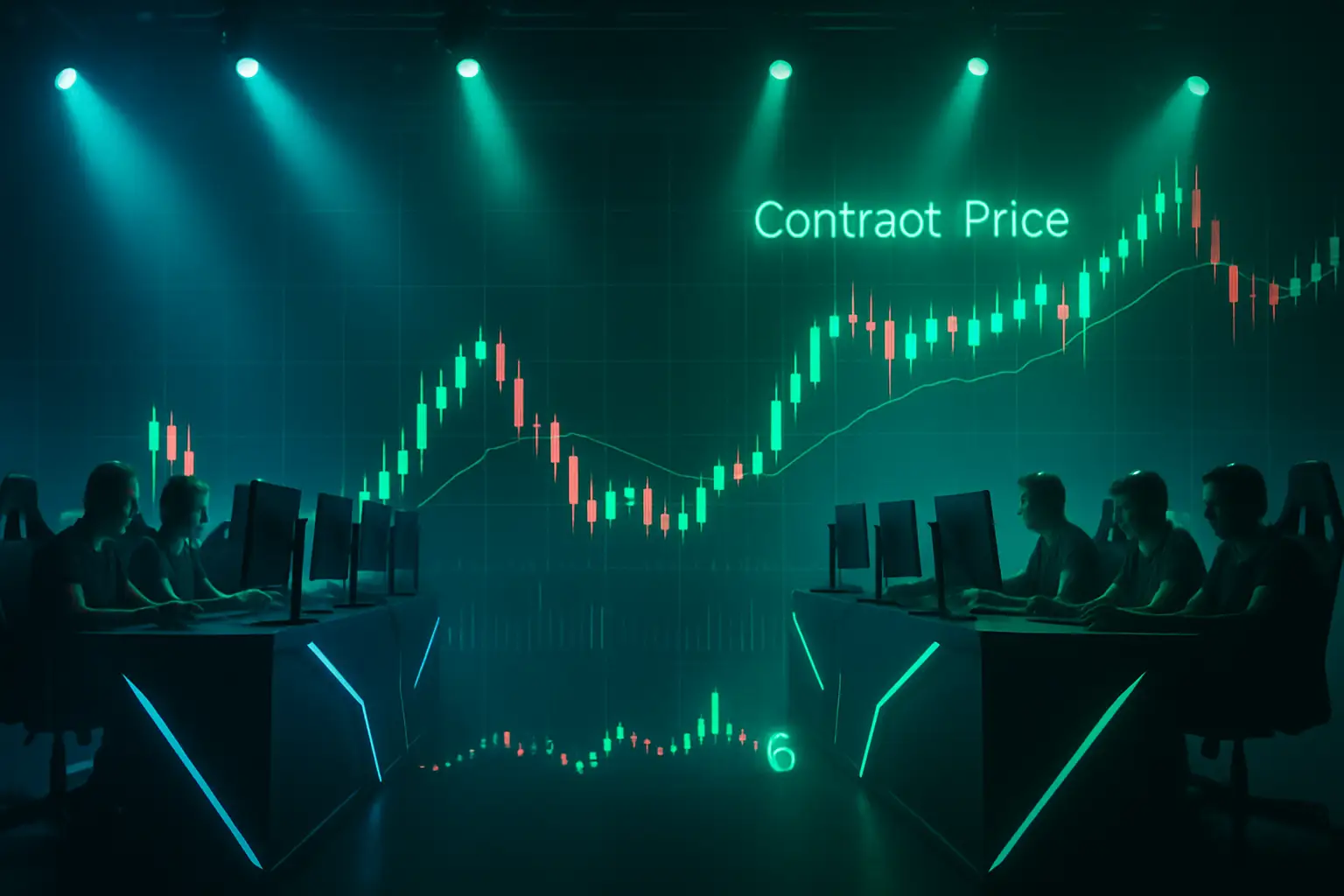 Two eSports teams competing on stage with a digital trading interface overlay showing prediction market contracts