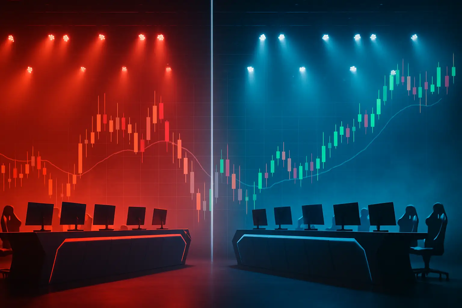 Glowing esports arena stage with two team banners facing each other across a digital trading graph overlay