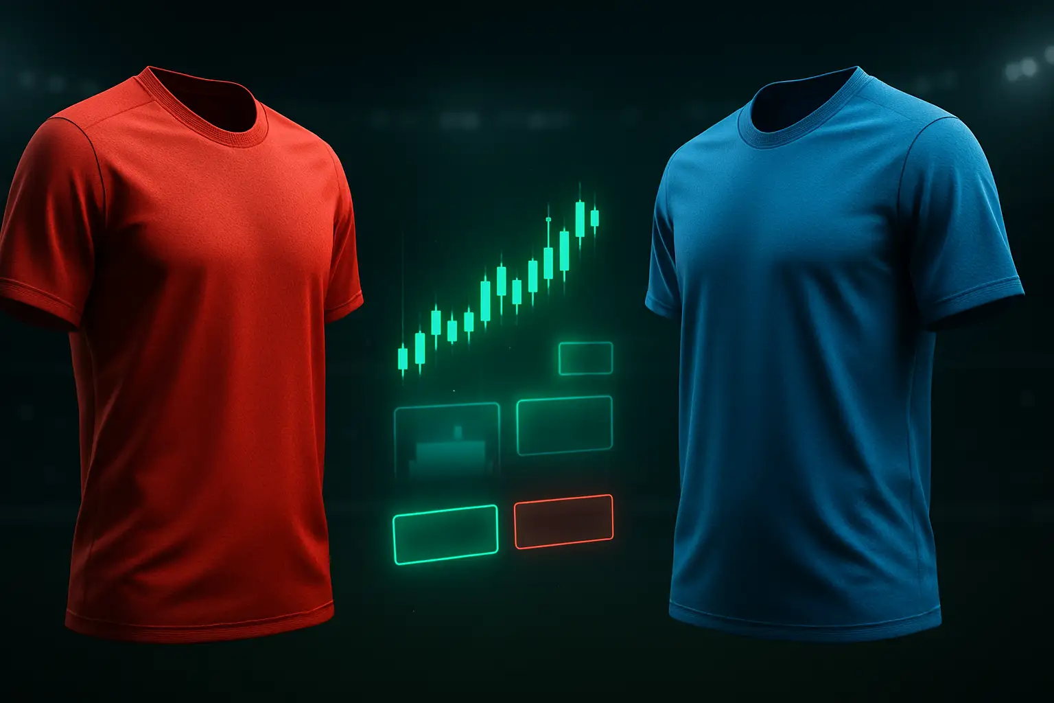 Stylized split-screen of two soccer jerseys facing each other with glowing prediction market price bars between them