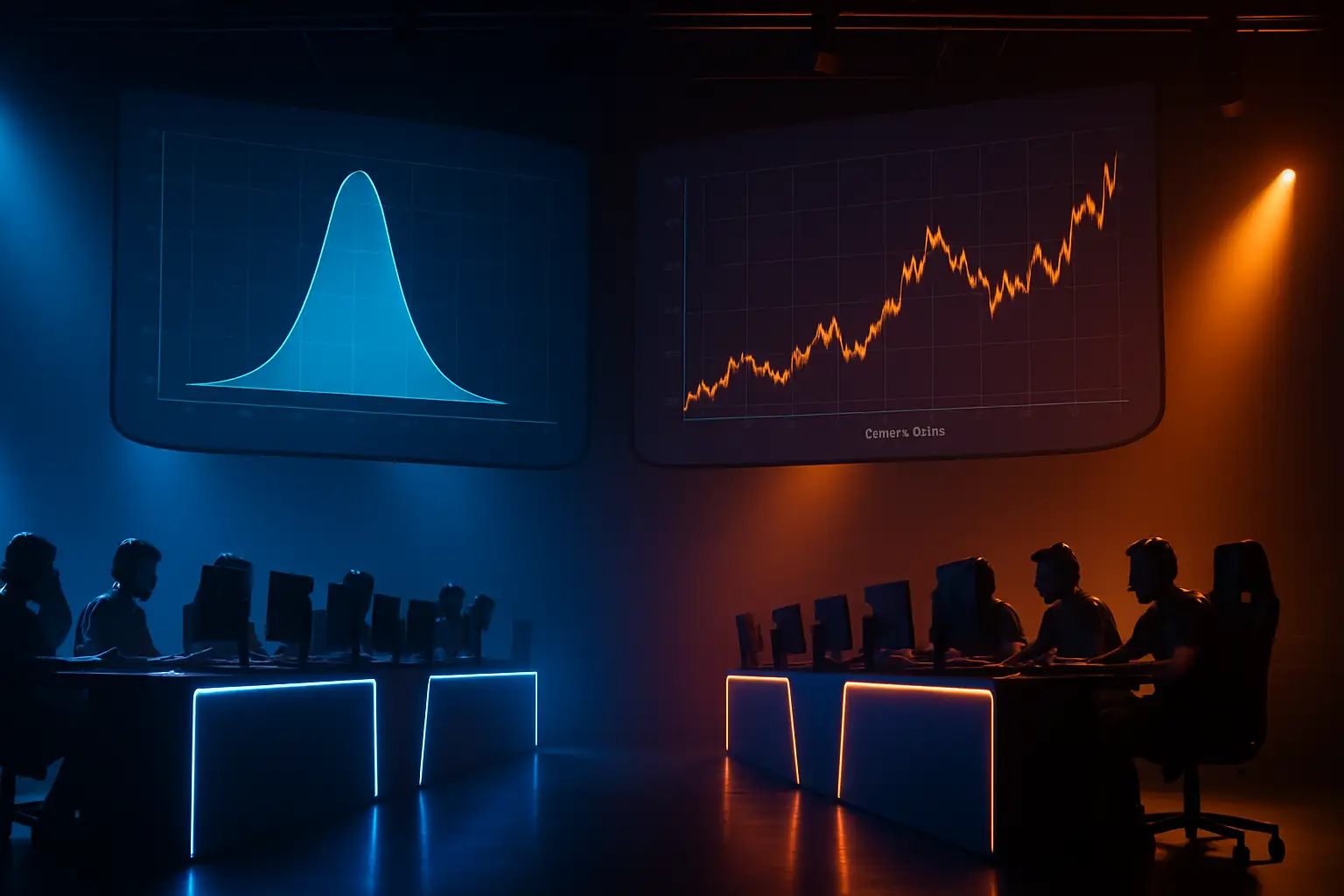 Two esports teams competing on stage with prediction market odds displayed on a screen