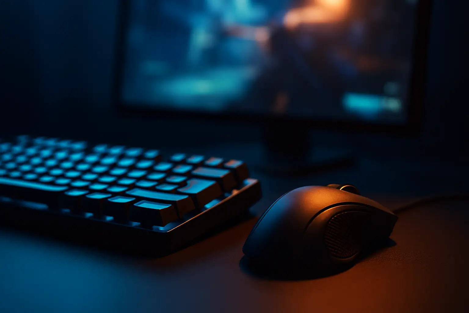 A competitive gaming setup with a keyboard and mouse under dramatic blue lighting, representing high-stakes eSports competition