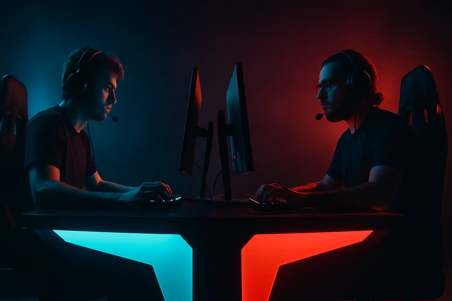 Two esports competitors facing off on stage under dramatic arena lighting