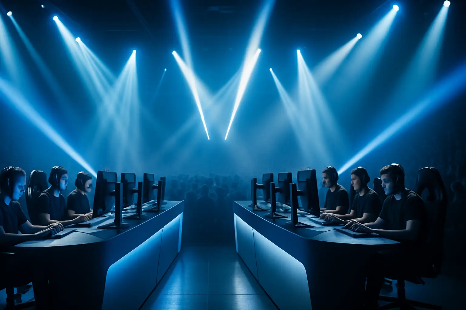 Two esports teams competing in a best-of-three match on a large tournament stage with blue lighting