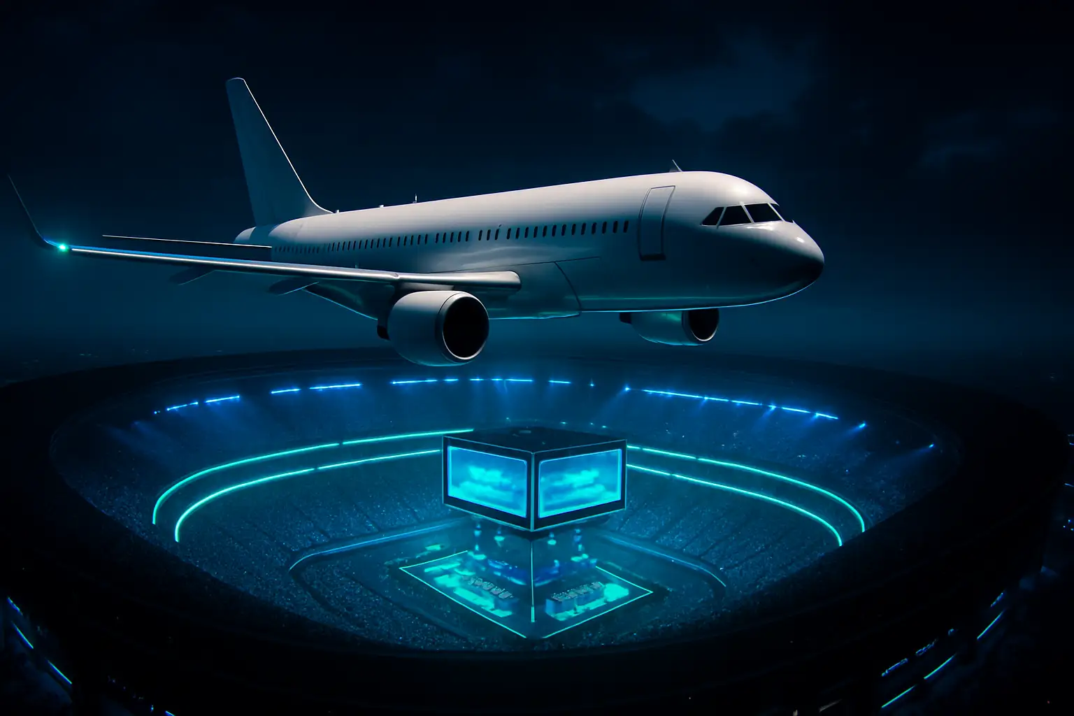 Airplane flying over a glowing esports arena at night
