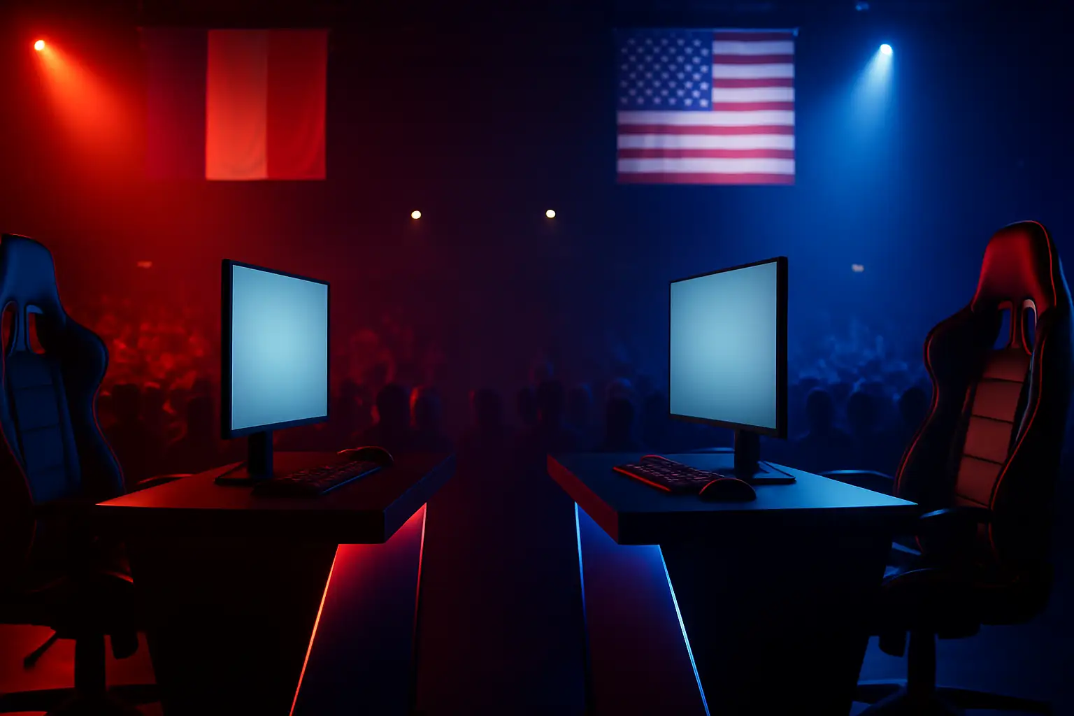 Two esports players facing off across a glowing competitive gaming arena with national flags in the background