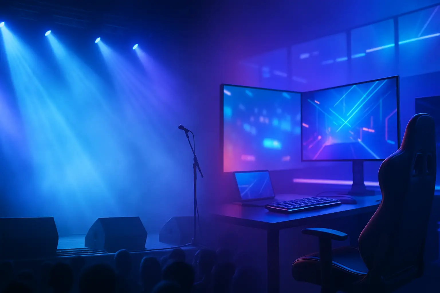 A stylized stage with K-pop aesthetic lighting overlapping with esports arena visuals