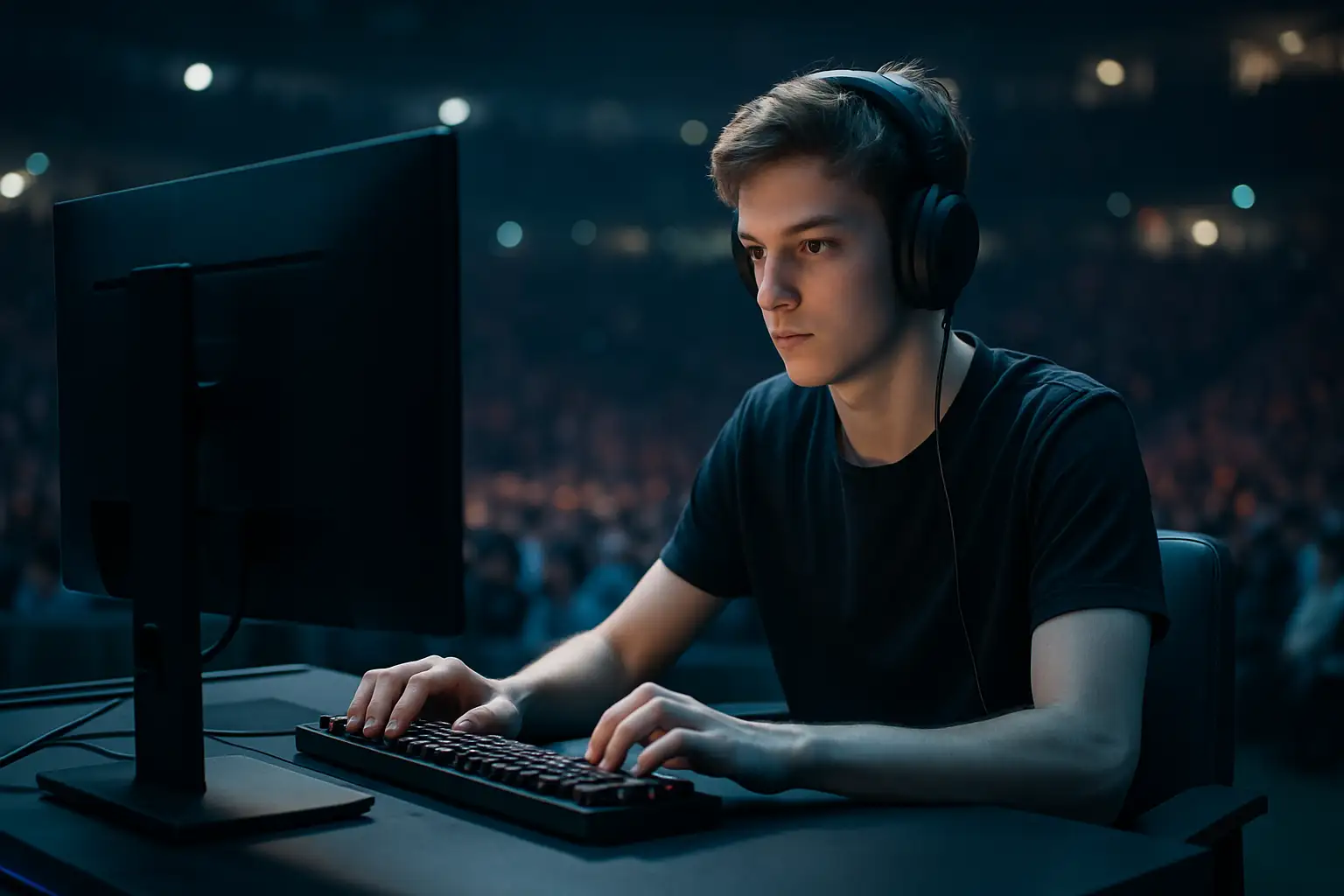 An esports player sits focused at a gaming setup under dramatic lighting