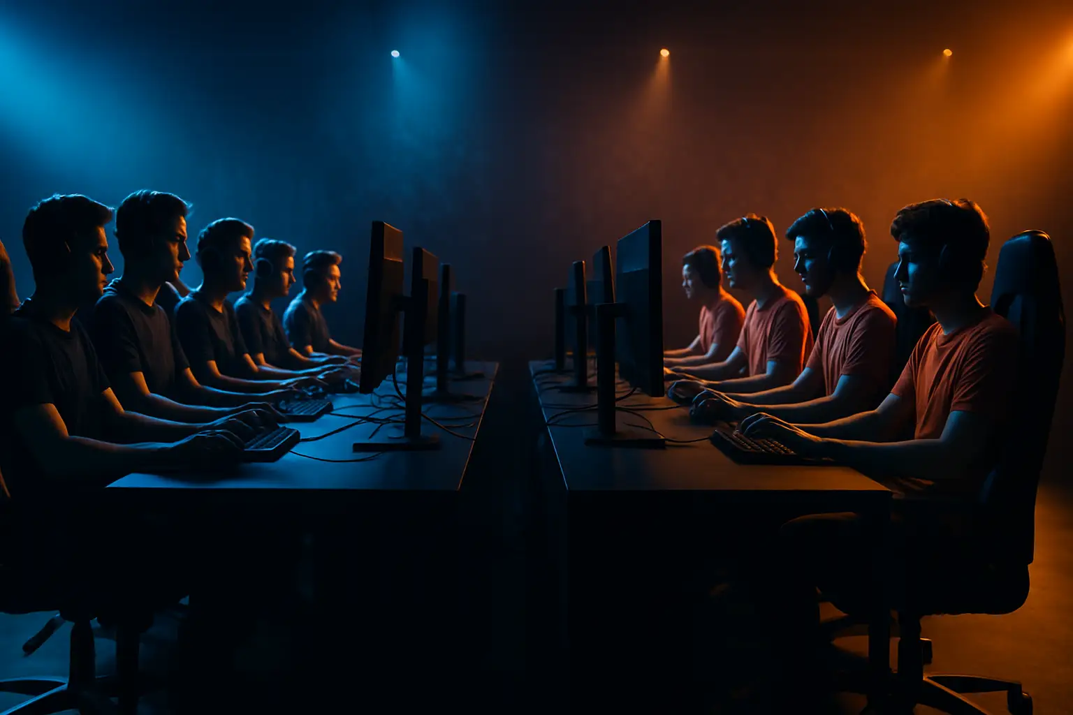 Two Rainbow Six Siege teams facing off on a competitive stage under bright arena lighting
