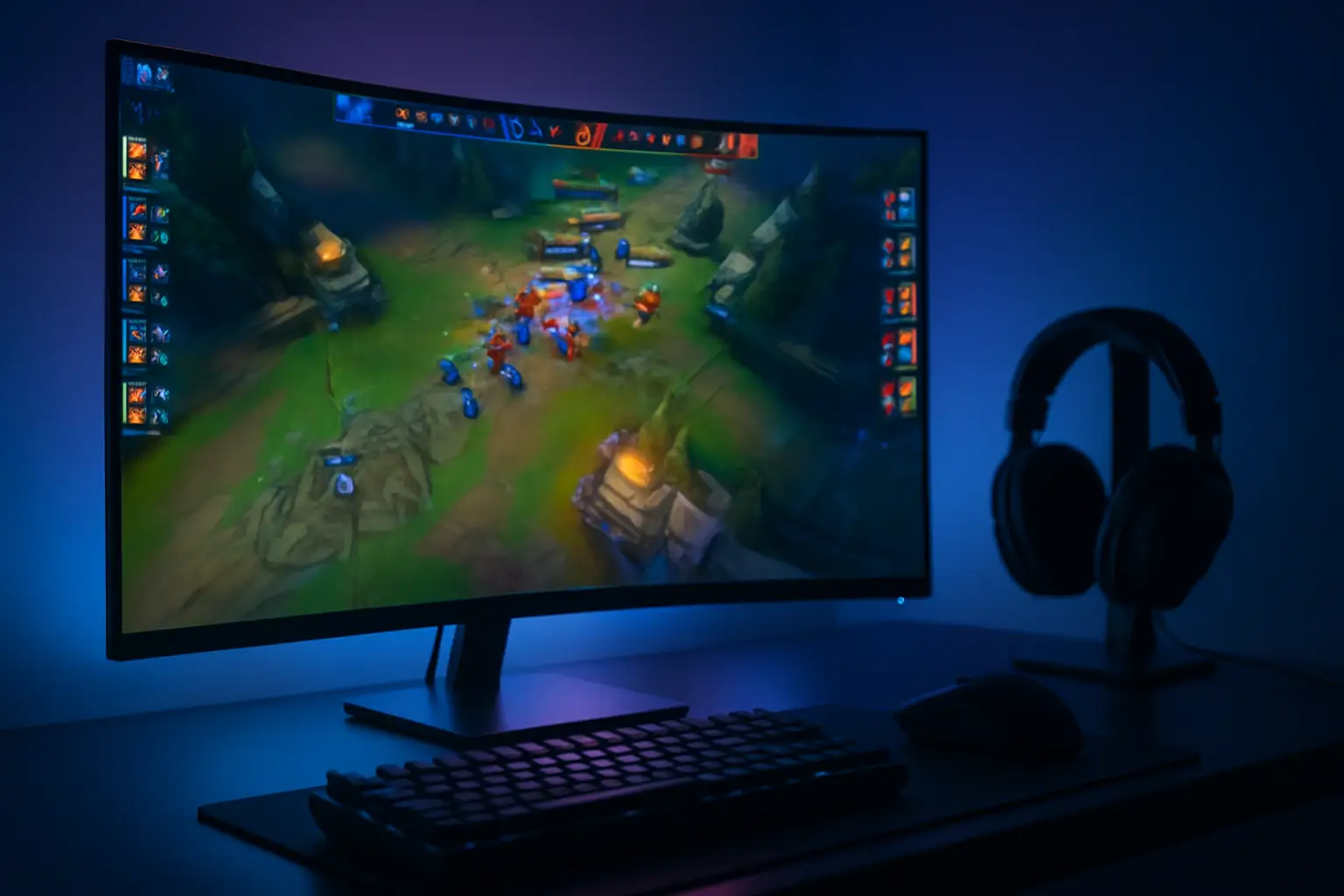 A glowing computer monitor displaying a League of Legends esports broadcast in a darkened gaming setup
