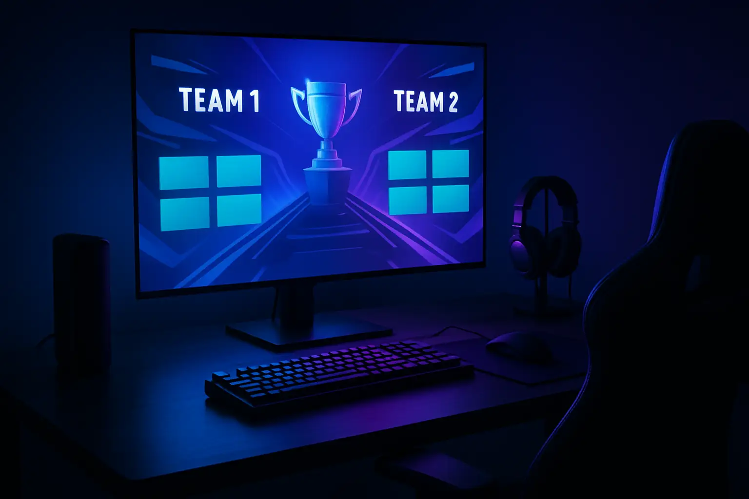 A glowing gaming monitor displaying a League of Legends-themed esports broadcast setup in a dark room