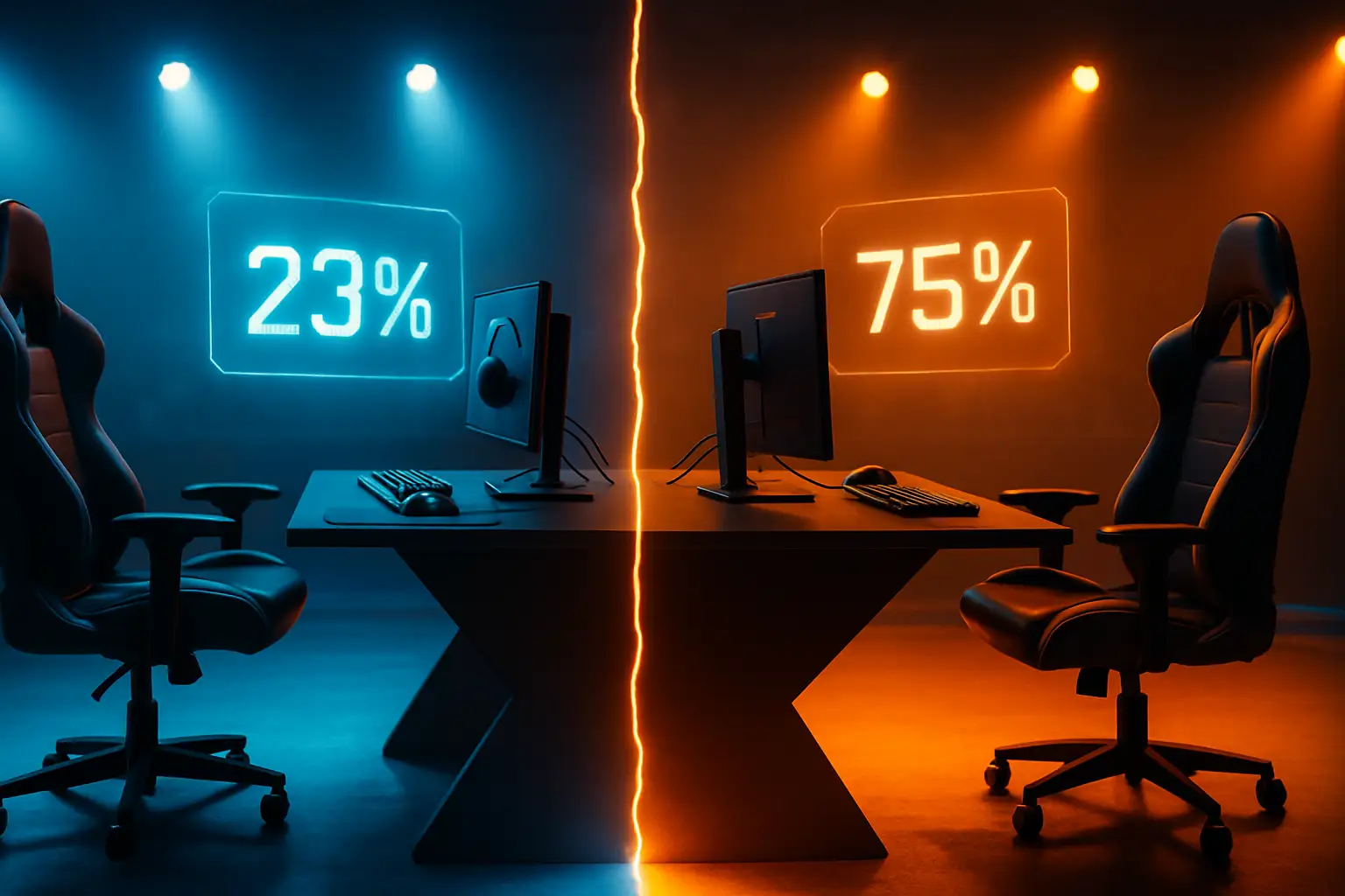 Two esports teams facing off on a competitive gaming stage with prediction market odds displayed on screens in the background