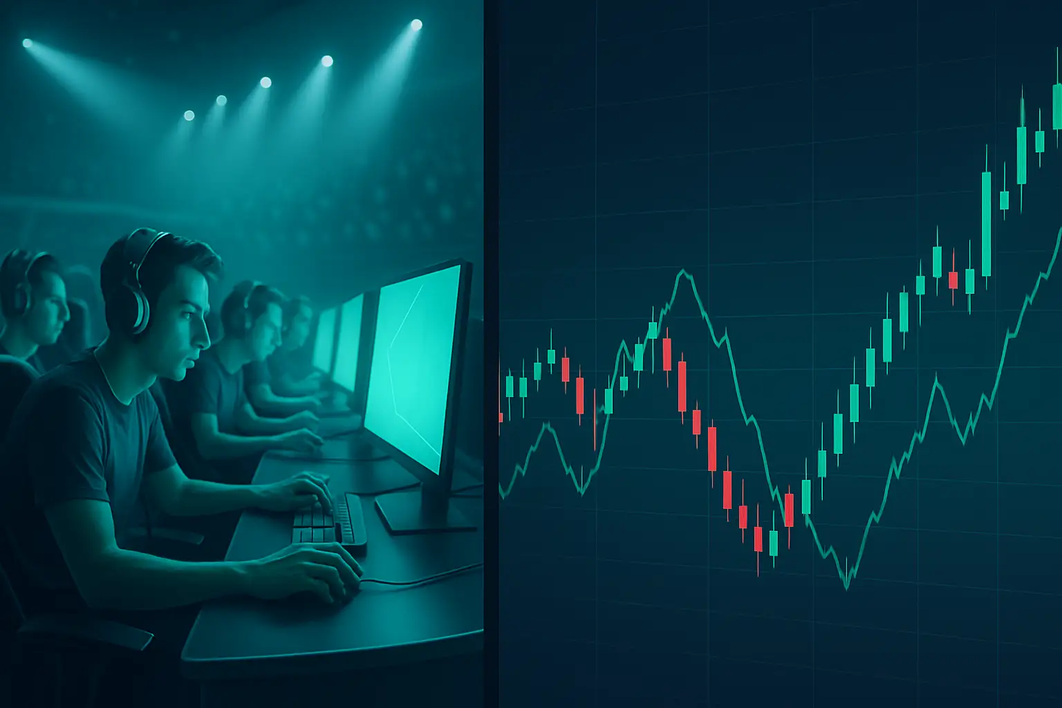 Two esports teams facing off on a digital arena stage with trading chart overlays in the background